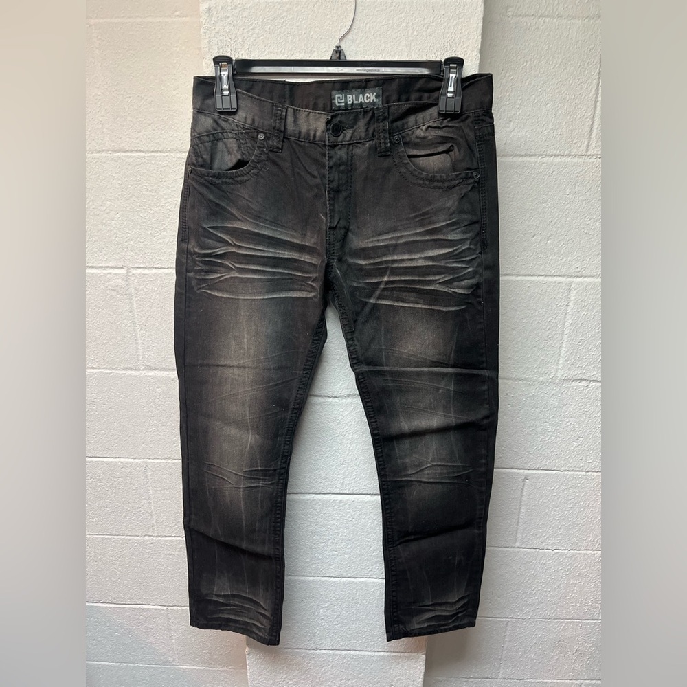 Black Men's Low Rise Slim Straight Jeans with Distressed Details